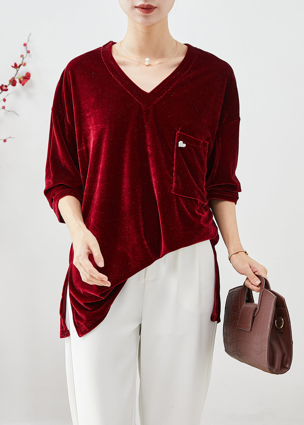 Mulberry V Neck Pocket Silk Velour Top Fall