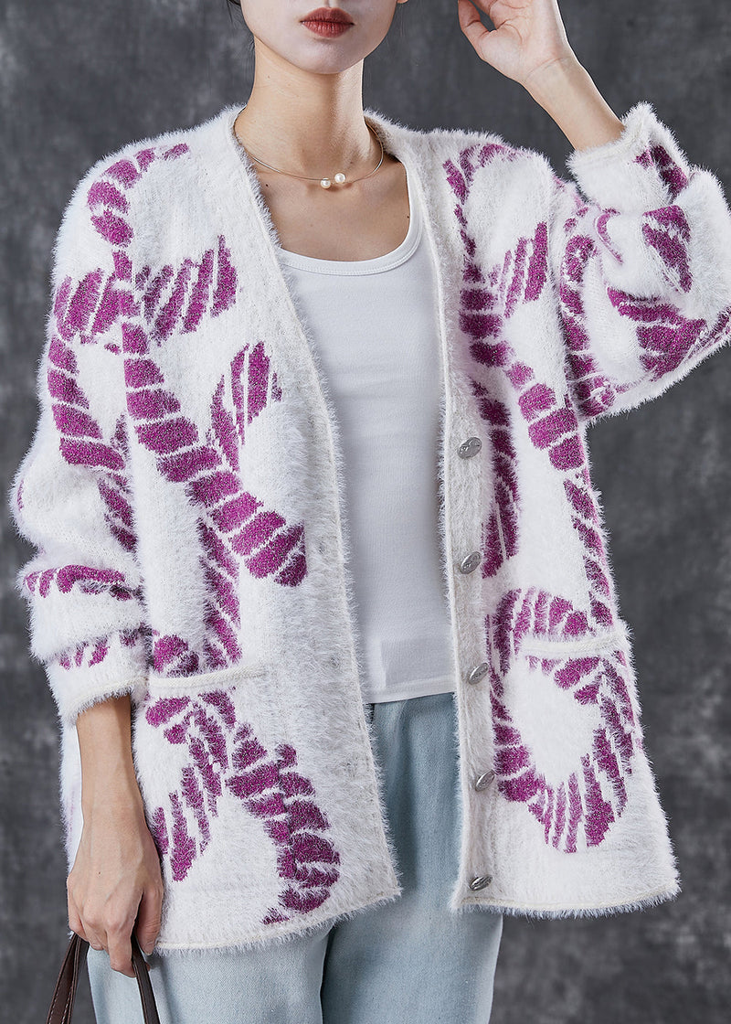 Purple Print Knit Loose Coat V Neck Pockets Spring