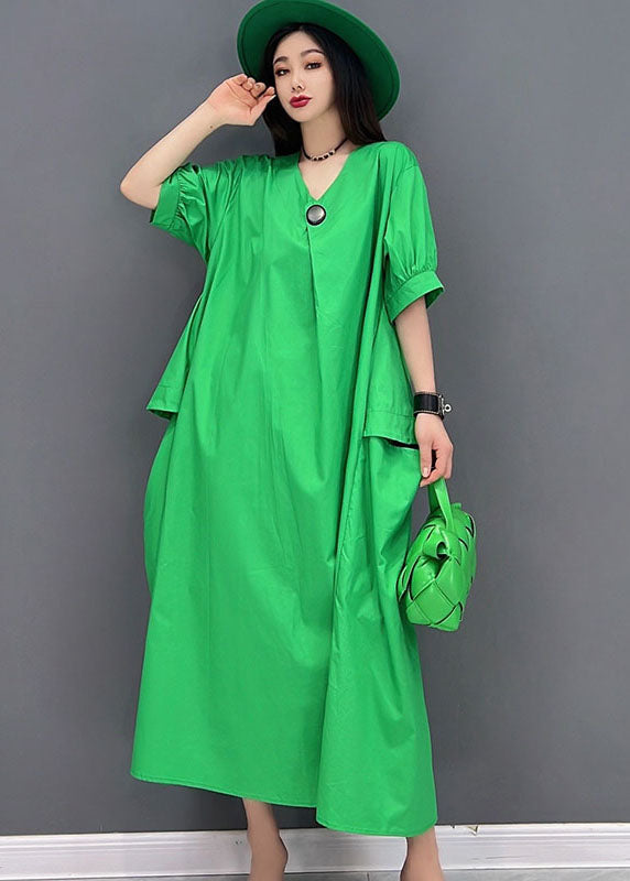 Green V Neck Big Pockets Cotton Maxi Dress Short Sleeve