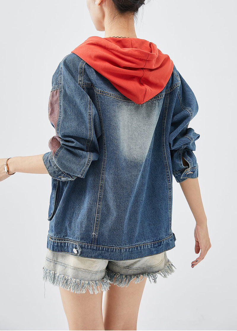 Red Hooded Patchwork Denim Coats Fall