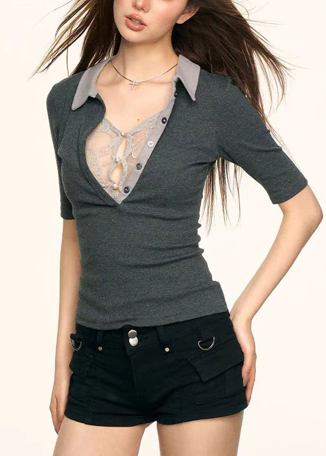 Grey Lace Patchwork Cotton T Shirt Top Summer