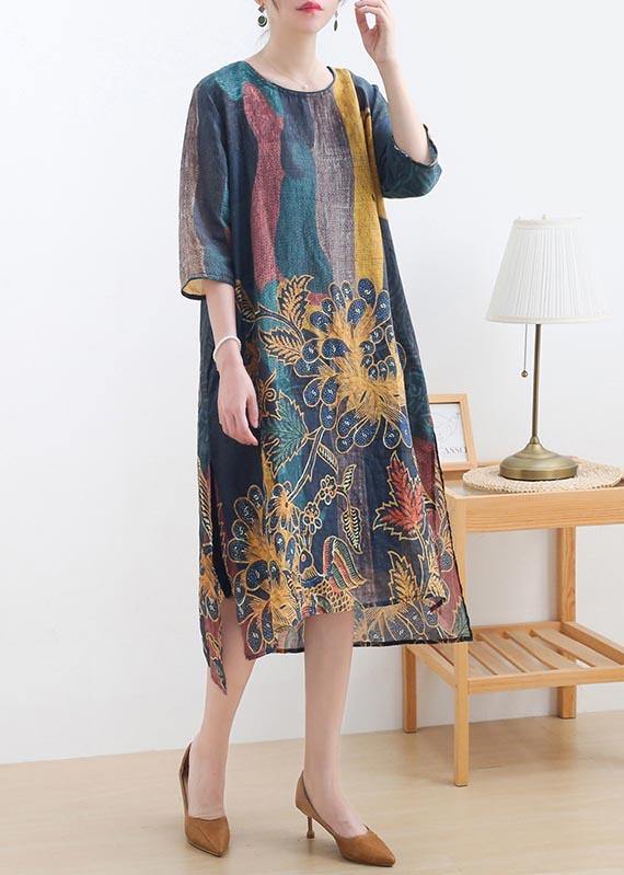 Yellow Green Print Linen O-neck Summer Maxi Dresses