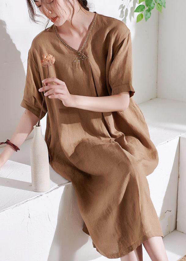 Apricot V Neck Lantern Sleeve Summer Linen Sundress Half Sleeve