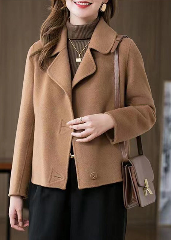 Camel Peter Pan Collar Woolen Coat Long Sleeve Winter