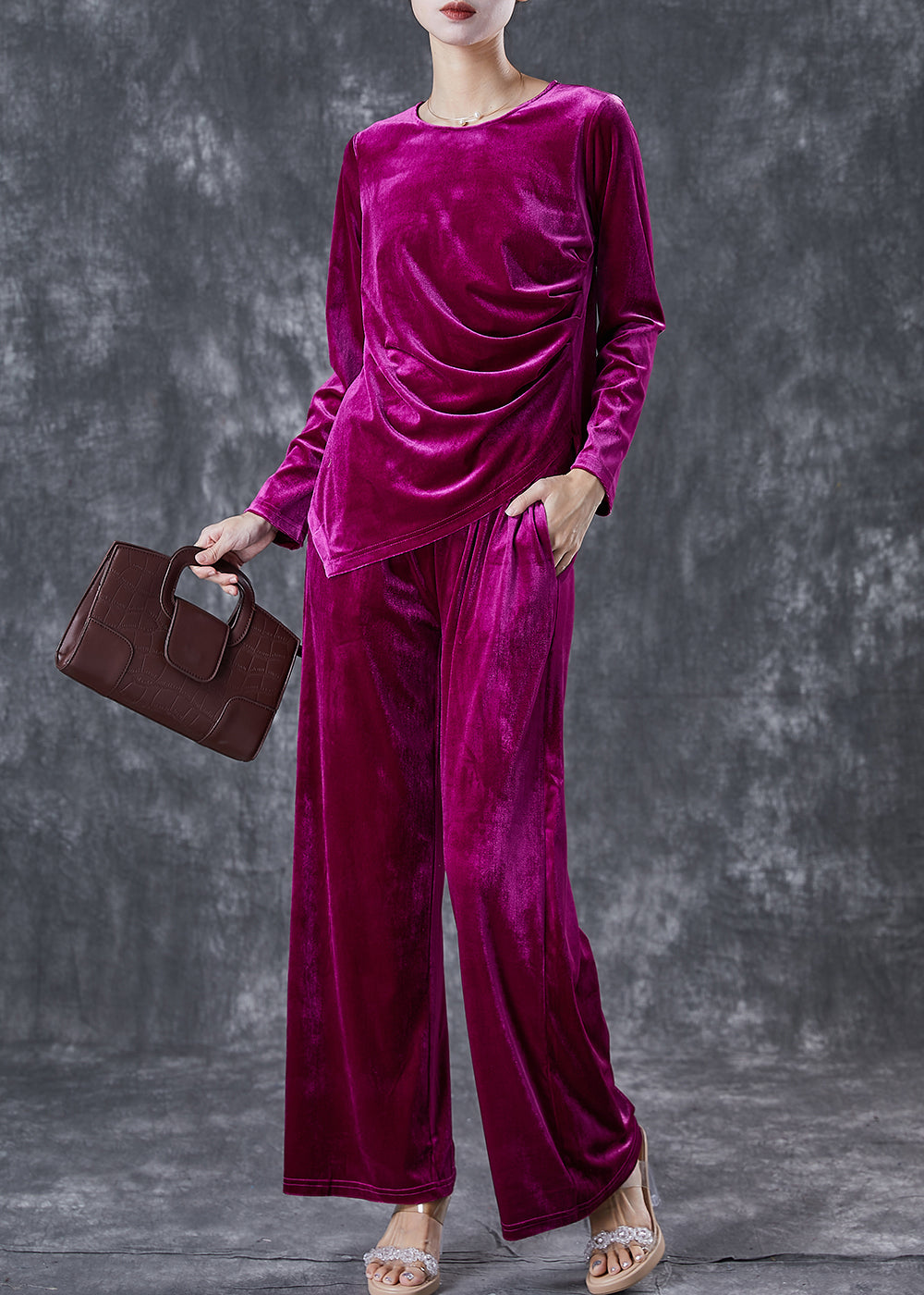 French Purple Asymmetrical Wrinkled Silk Velour Sets 2 Pieces Fall