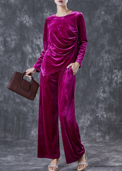 French Purple Asymmetrical Wrinkled Silk Velour Sets 2 Pieces Fall