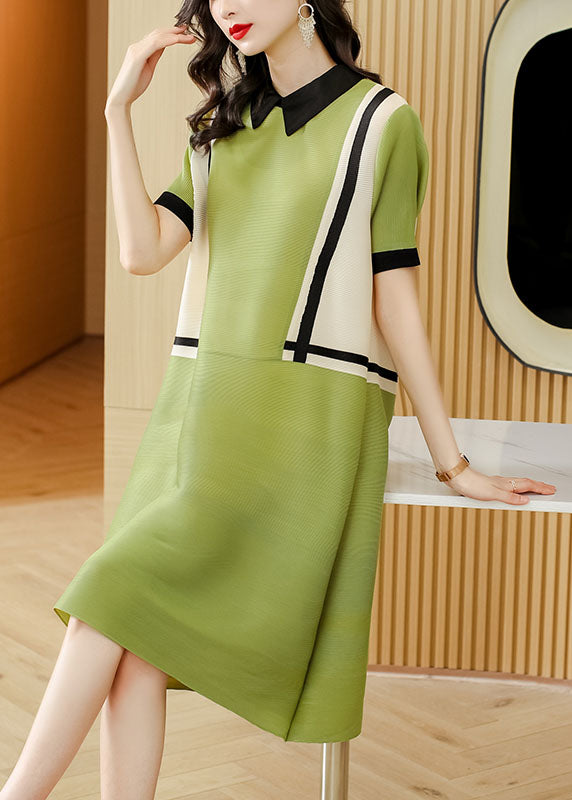 French Green Peter Pan Collar Patchwork Mid Dress Short Sleeve