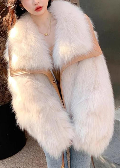Beige Peter Pan Collar Button Leather and Fur Coats Spring