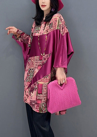 Red O-neck Print Patchwork Top Batwing Sleeve