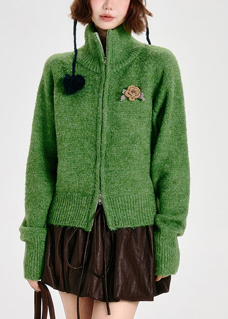 Modern Tea Green Zip Up Knit Cardigans Winter