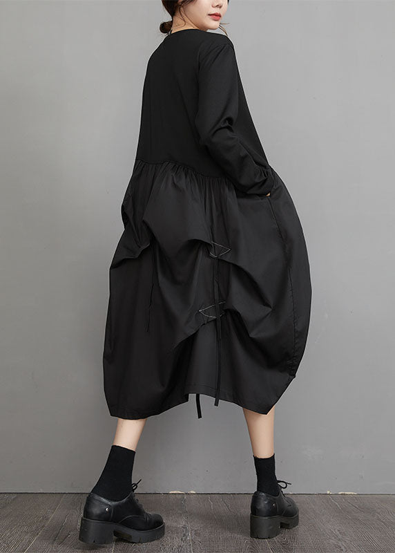 Black O-neck Wrinkled Patchwork Maxi Lantern Dresses Long Sleeve