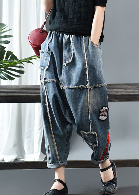 Fitted Denim Blue Patchwork Print Fall Pants