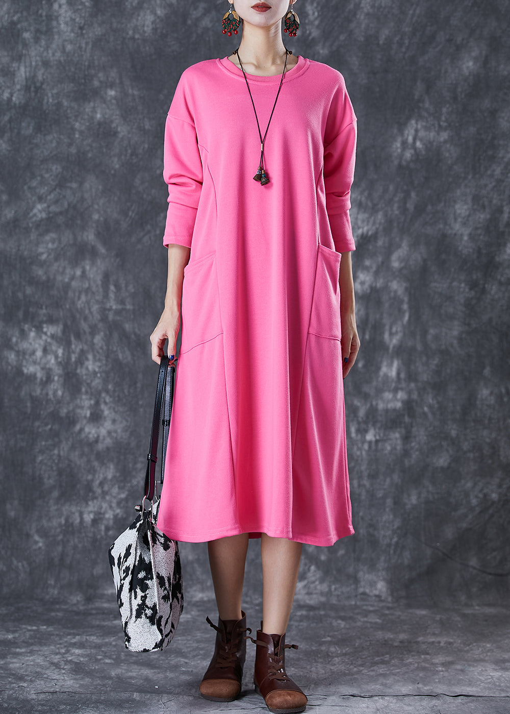 Pink Oversized Pockets Cotton Long Dress Fall
