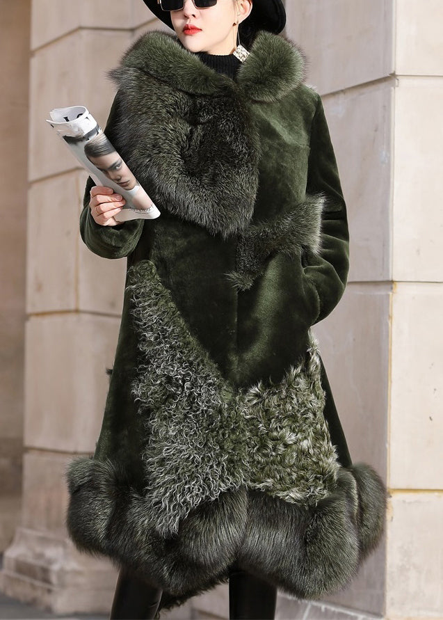 French Blackish Green Asymmetrical Fox Collar Patchwork Leather and Fur Coats Winter