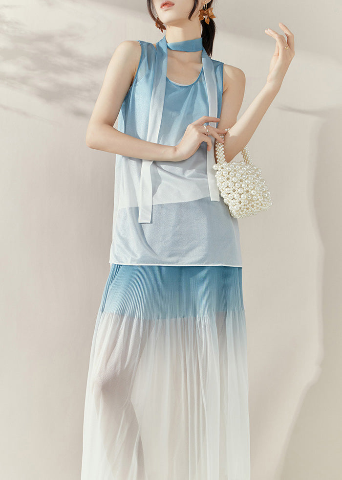 Gradient Color Blue O-neck Silk Cotton Top and Maxi Skirts Two Pieces Set Summer