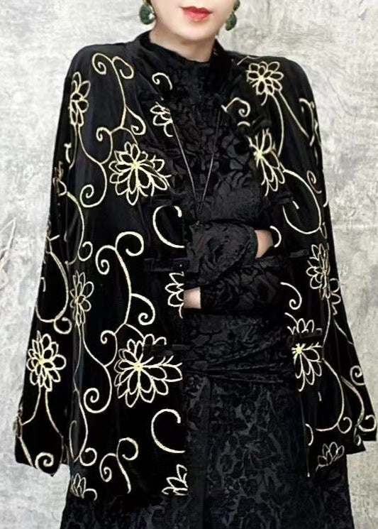 Chinese Style Black O Neck Velour Short Coat Spring
