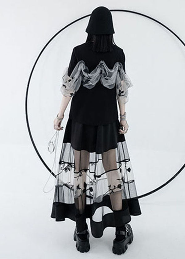 Black Elastic Waist Hollow Out Tulle Patchwork Cotton a Line Skirts Summer