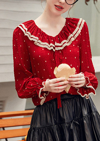 Red V Neck Dot Patchwork Tie Lace Shirt Fall