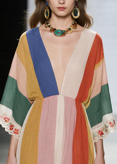 Unique Multicolored V Neck Lace Patchwork Cotton Dresses Summer