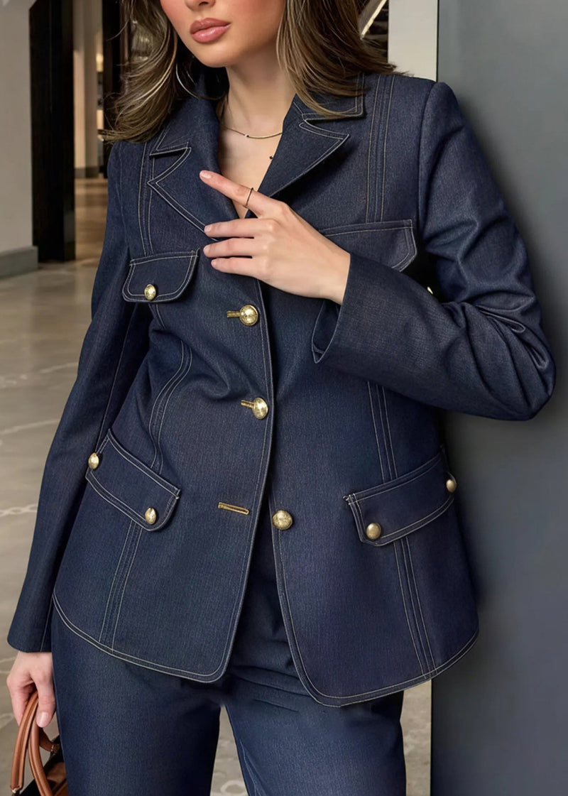American Style Blue Coat and Pants Denim Two Pieces Set Fall