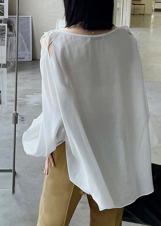 White O Neck Hollow Out Patchwork Cotton Shirt Top Fall