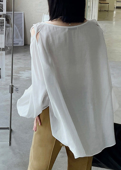 White O Neck Hollow Out Patchwork Cotton Shirt Top Fall