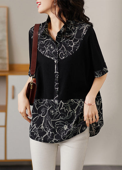 Black Peter Pan Collar Print Patchwork Button Cotton Shirt Short Sleeve