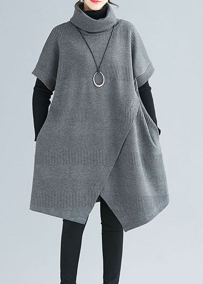 Grey Turtle Neck Asymmetrical Design Dresses Short Sleeve