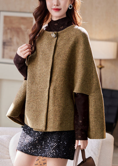 Brown O-neck Button Woolen Coats Batwing Sleeve