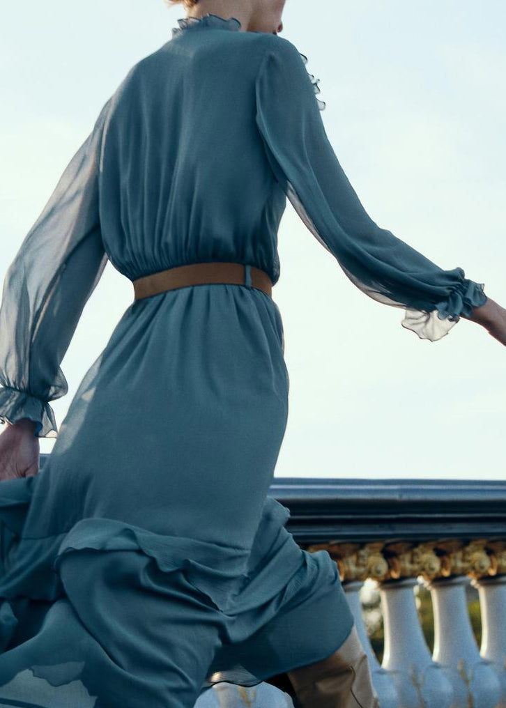 New Blue Ruffled Sashes Chiffon Long Dresses Fall
