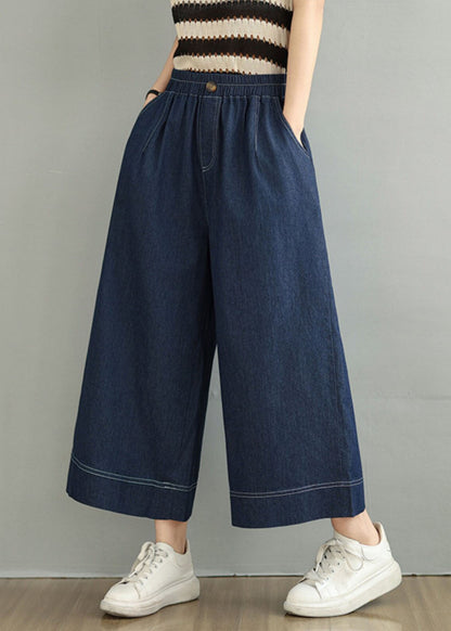 Loose Blue Pockets Elastic Waist Denim Crop Pants Spring