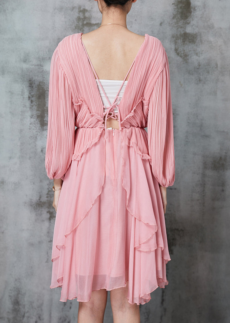 Pink Ruffled Wrinkled Chiffon Mid Dress Spring