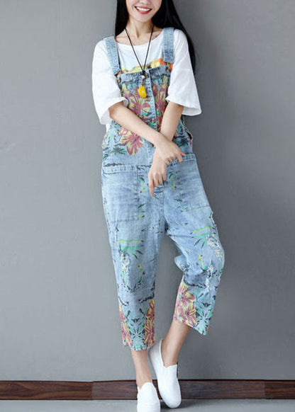 Italian Light Blue Pockets Print Ripped Jeans Jumpsuits Summer