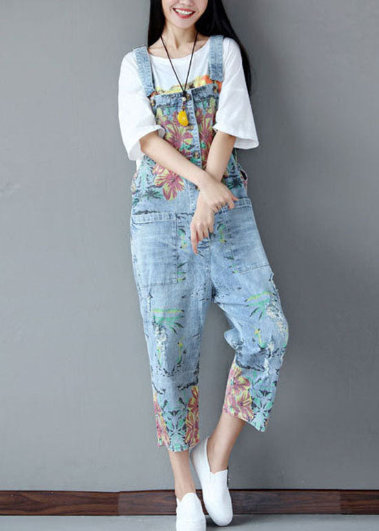 Italian Light Blue Pockets Print Ripped Jeans Jumpsuits Summer