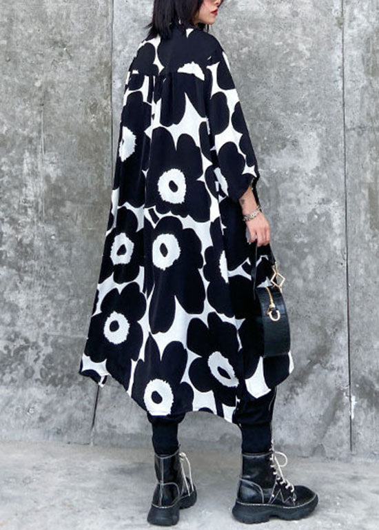 Black Wrinkled Asymmetrical Print Chiffon Dress Spring