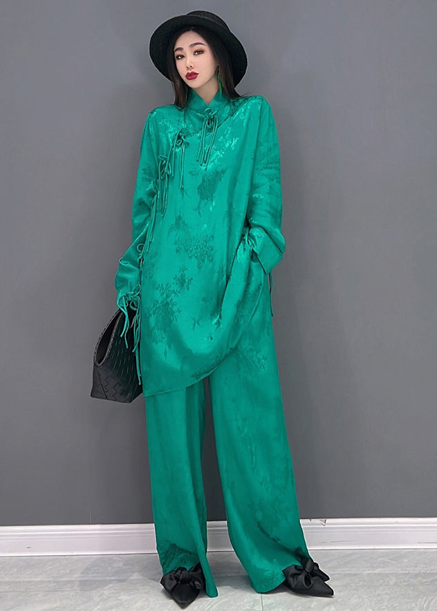 Green Stand Collar Jacquard Silk Sets 2 Pieces Long Sleeve Fall