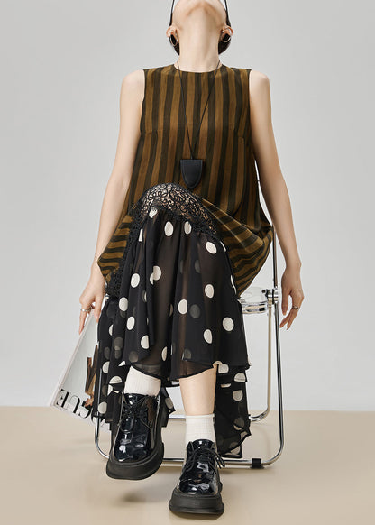 Art Striped Hollow Out Lace Patchwork Cotton Long Dresses Sleeveless