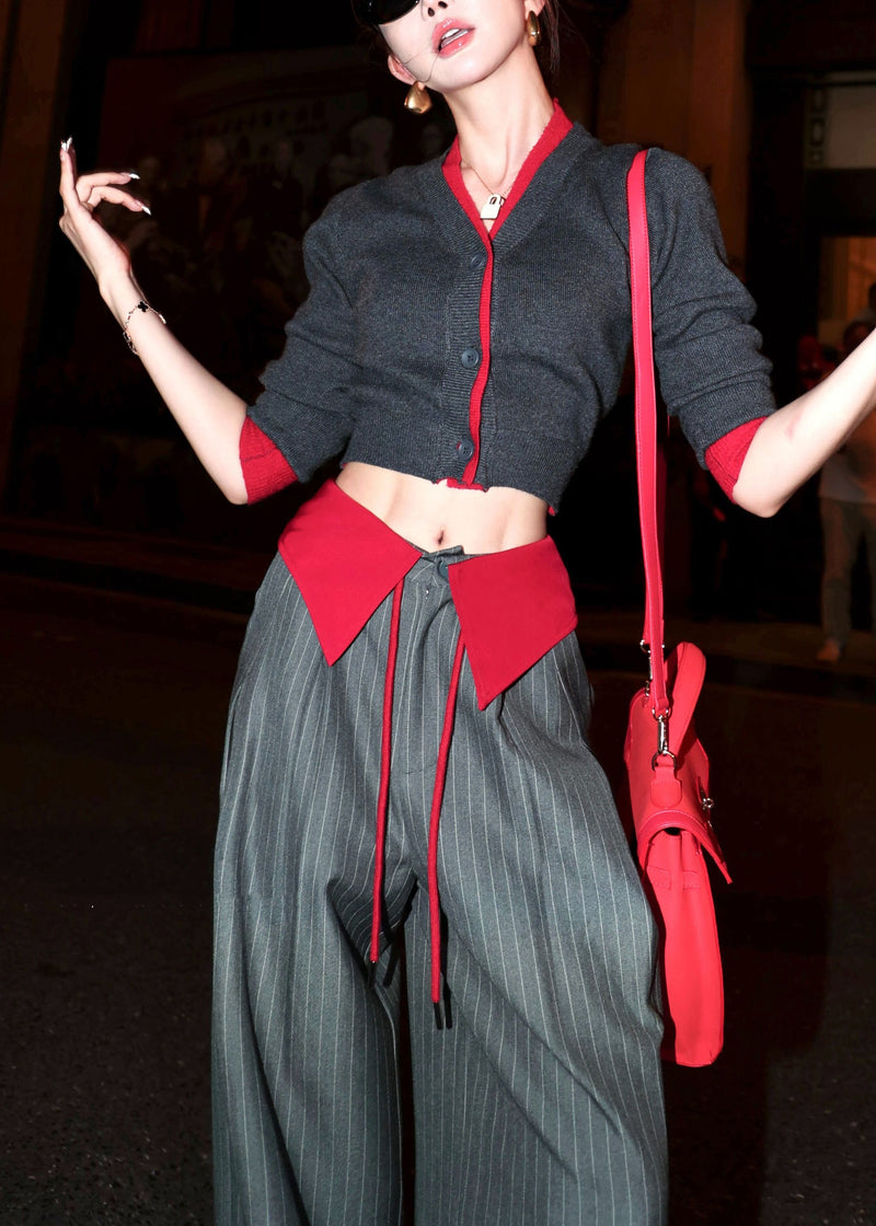 Italian Grey Knit Top and Striped Wide Leg Pants Two Pieces Set Fall