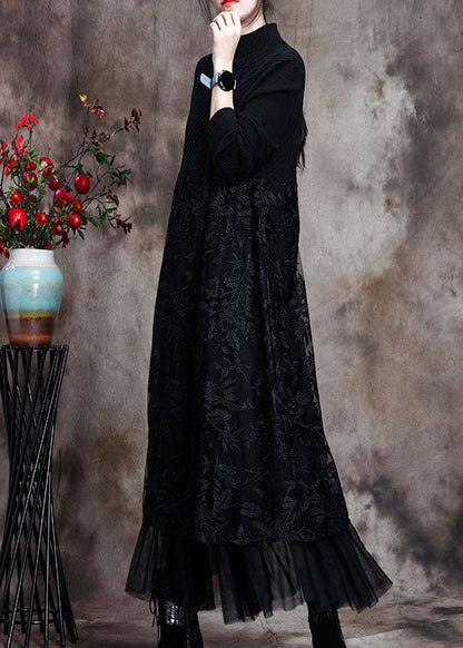 Black Knit Patchwork Asymmetrical Design Fall Knit Dress