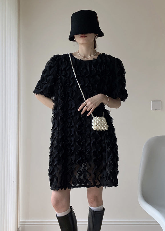 Art Black O-neck Ruffled Patchwork Tulle Mid Dresses Summer