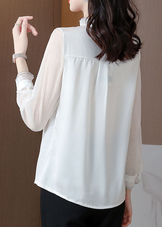 White Ruffled Patchwork Silk Blouses Long Sleeve