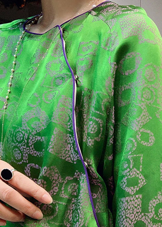 Green O-neck Tie Waist Patchwork Jacquard Silk Shirts Long Sleeve