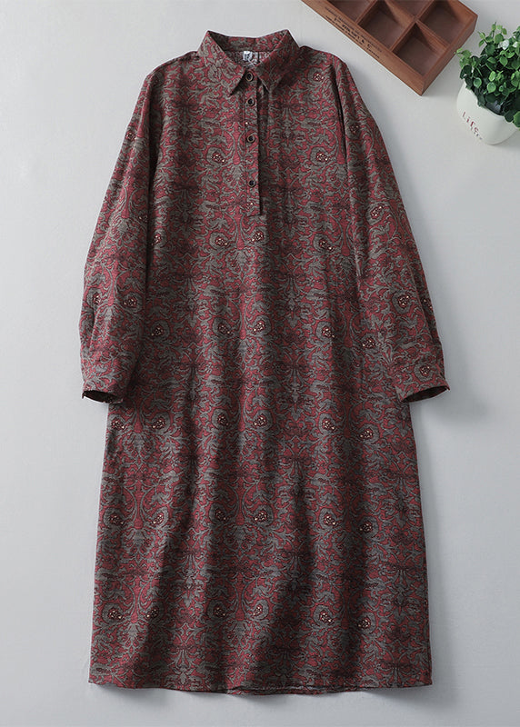Peter Pan Collar Print Pockets Cotton Shirts Dress Spring
