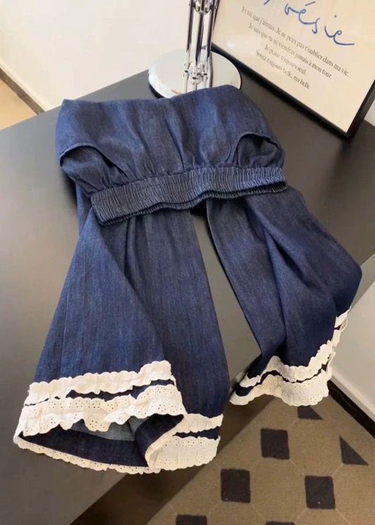 Navy Pockets Lace Patchwork Denim Wide Leg Pants Fall