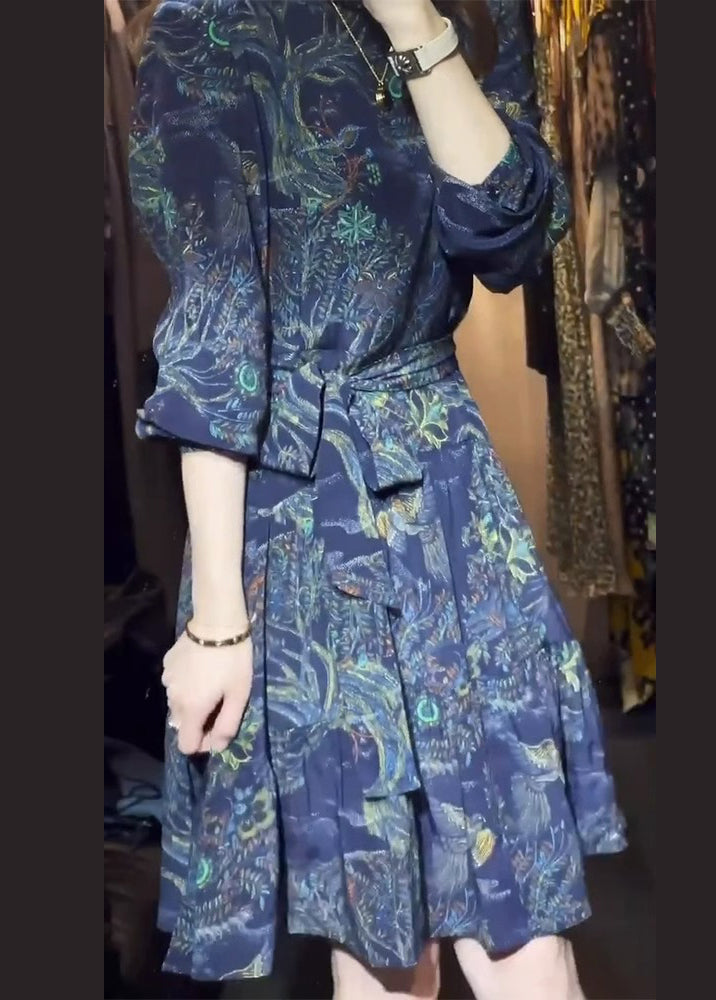 Blue Print Tie Waist Patchwork Cotton Mid Dress Summer