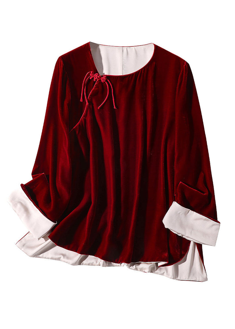 Natural Mulberry O-neck Side Open Silk Velour Shirts Long Sleeve