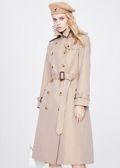 Khaki Peter Pan Collar Sashes Slim Fit Cotton Double Breast Coats Spring