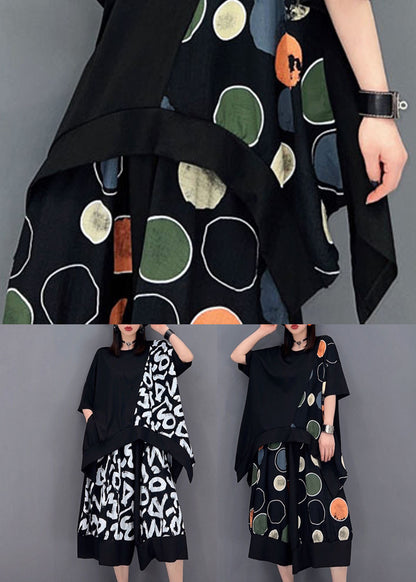 Black Asymmetrical Patchwork Dot Print Cotton Sets 2 Pieces Summer