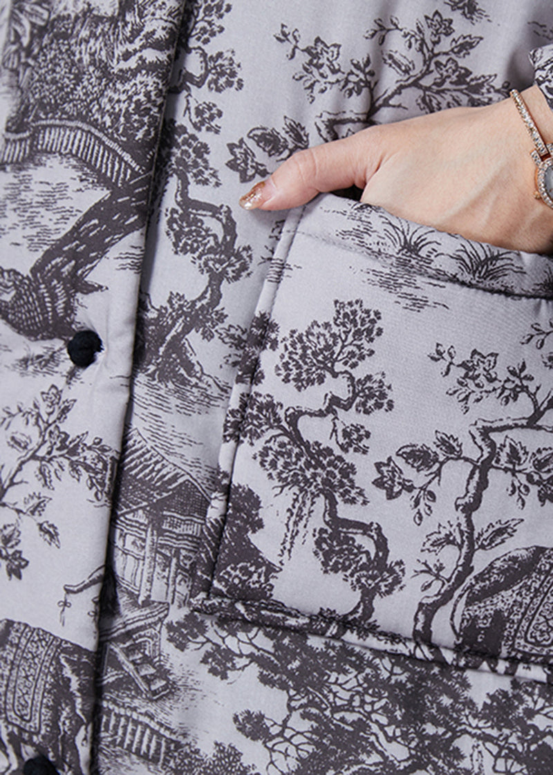 Grey Print Pockets Fine Cotton Filled Coats Winter