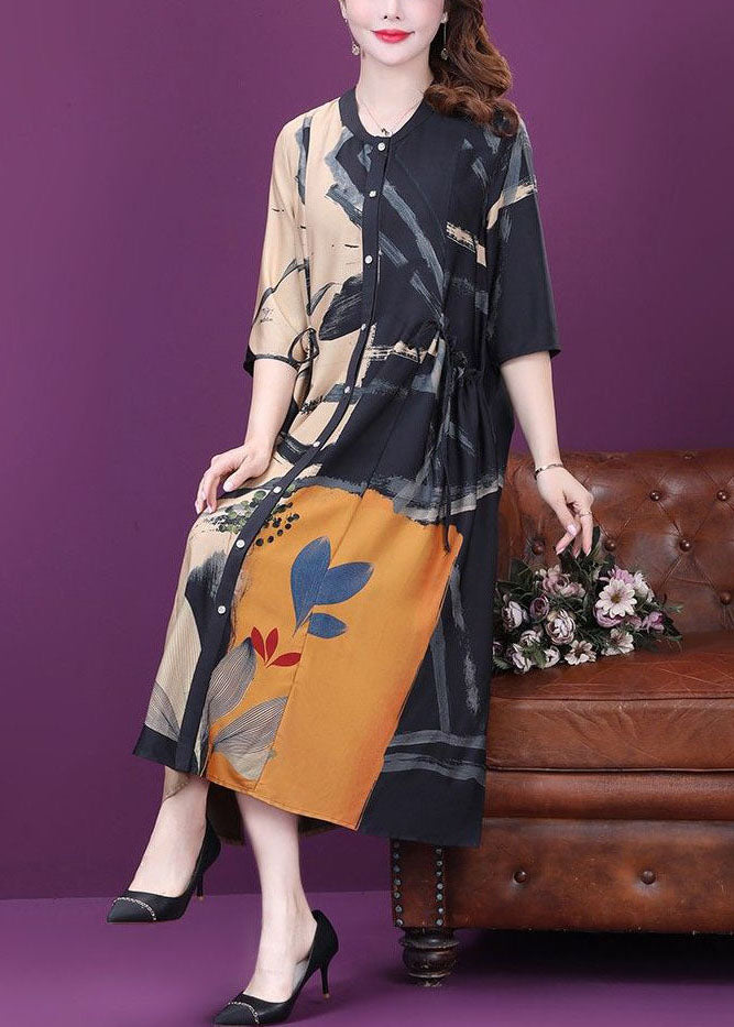 Colorblock Drawstring Side Open Print Silk Dresses Summer